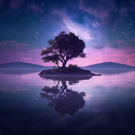 Premium Ai Image A Tree Is Reflected In The Water With The Sky In The