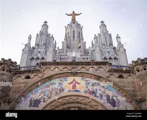 Temple Sacred Heart Of Jesus Facade On The Top Of Mount Tibidabo In