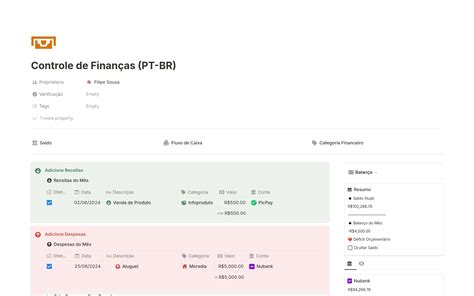 Controle de Finanças PT BR de Filipe Modelo do Notion