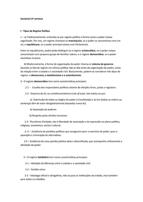 Regimes Políticos e Sistemas de Governo Sumários 6ª semana I Tipos