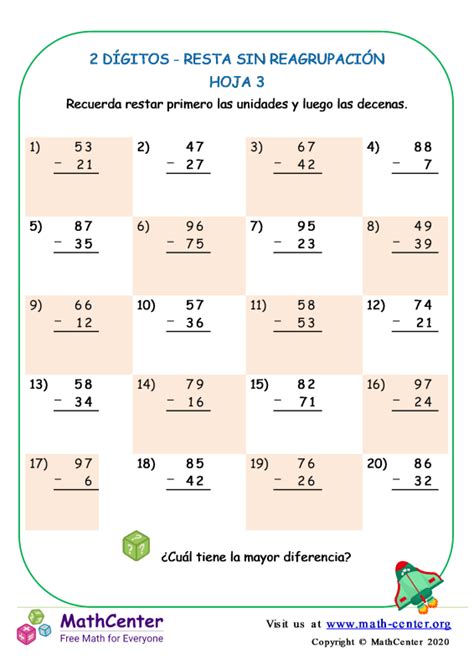 Segundo Grado Hojas De Trabajo Restas De Dos Cifras Sin Llevadas