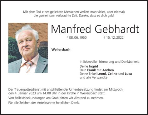 Manfred Gebhardt Traueranzeige Trauer InFranken De