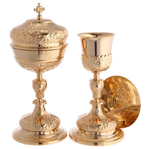 Chalice With Paten And Ciborium Of Gold Plated Brass Baroque Floral