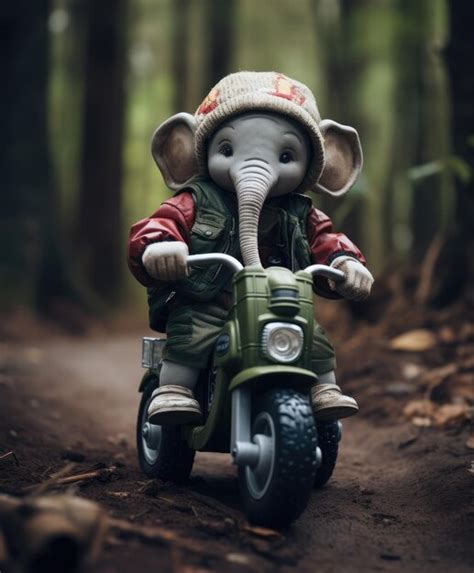 Um Lindo Beb Elefante Em Uma Minibike Andando Por Uma Floresta Foto