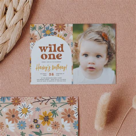 Wild One Retro Boho Wildflower 1st Birthday Photo Invitation Zazzle