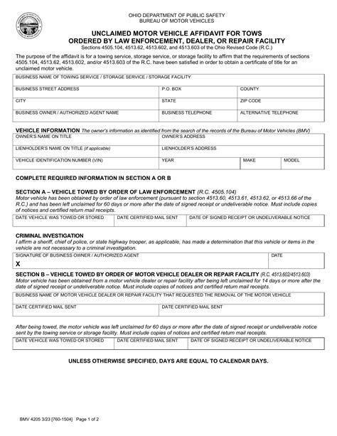 Form Bmv Unclaimed Motor Vehicle Affidavit For Tows Ordered By