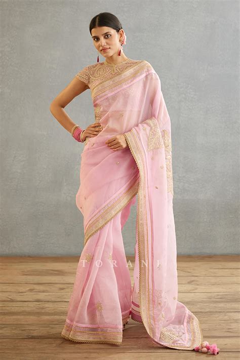 Buy Pink Silk Organza Printed Gul Mohar Taashi Dori Embroidered Saree