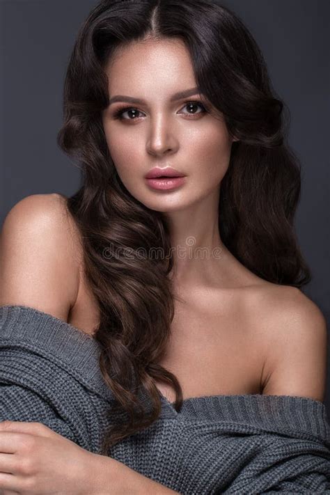 Beautiful Brunette Model Curls Classic Makeup And Full Lips The Beauty Face Stock Image