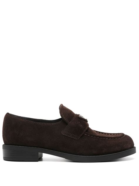 Prada Enamel Triangle Logo Suede Loafers Brown Farfetch Uk