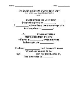 "She Dwelt among the Untrodden Ways" by Wordsworth Memorization Worksheets