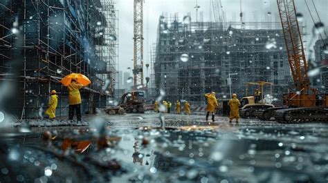 Premium Photo Workers Rainy Construction Site