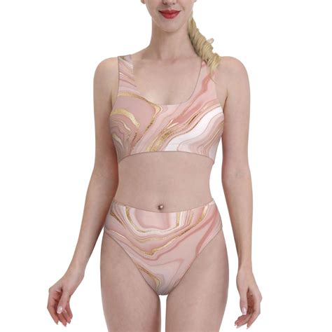 Lukts Women High Waisted Bikini Set Rose Gold Glitter Splatter Swimsuit