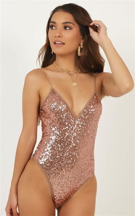 October Skies Bodysuit In Rose Gold Sequin Produced By Showpo Belted