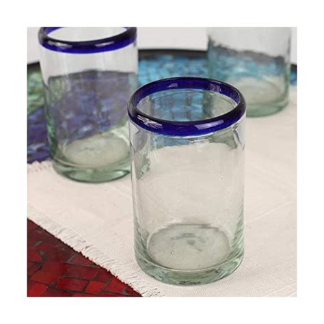 Novica Artisan Crafted Hand Blown Clear Cobalt Blue Rim Recycled Glass Tumblers14 Oz Classic