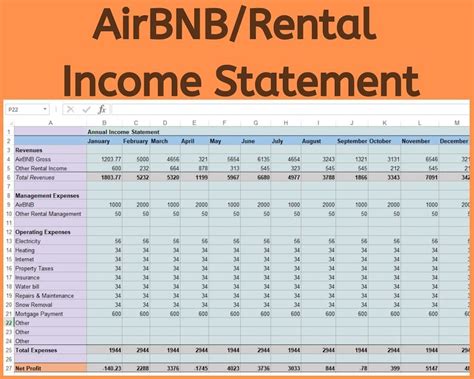 Airbnb Rental Income Statement Tracker Monthly Annual Etsy Rental