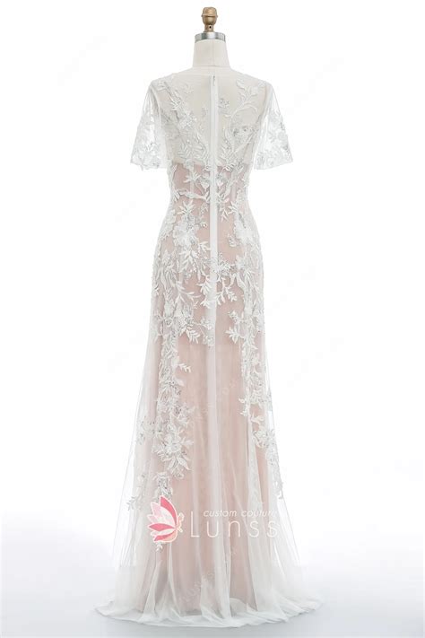 Dusty Rose Beaded Floral Lace Short Sleeve Wedding Gown - Lunss