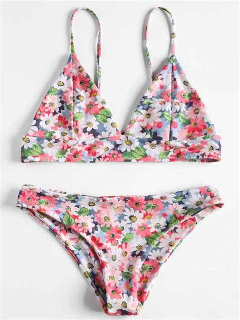 Floral Low V Spaghetti Strap Bikini Women Swimsuit Swimwear Bathing Suit Brazilian Biquni For