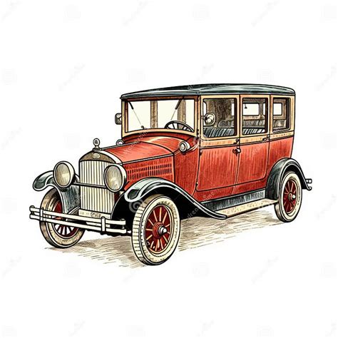 vintage car drawing  digitally enhanced style  white background