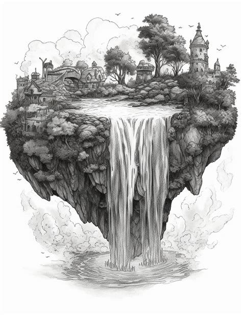 Premium AI Image | A drawing of a waterfall with a waterfall and a ...