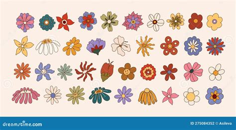 Set Of Groovy Flowers Emoticons Emoji Retro Groove Design 70s Style