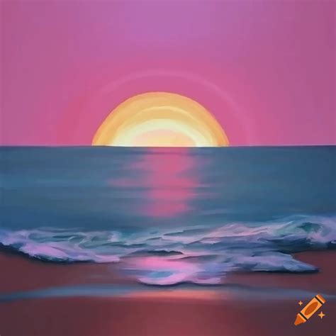 Painting Of A Pink Sunset At The Beach