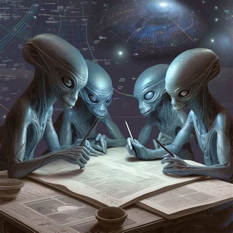 Two Aliens Sitting At A Table Writing In Front Of An Open Book With A Pen