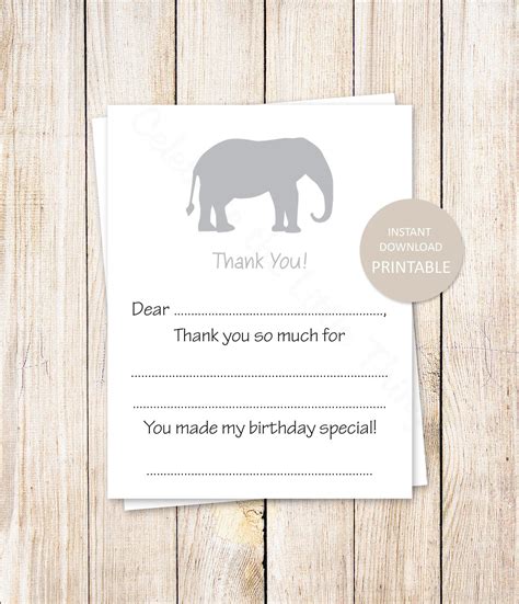 PRINTABLE Elephant Thank You Cards . Birthday Fill in the | Etsy