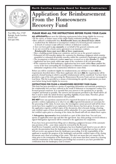 Application For Reimbursement From The Homeowners Recovery Fund Form