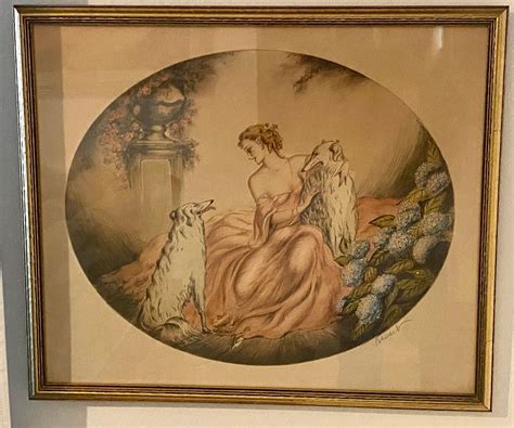 French Art Deco Colored Lithograph Of Woman With Wolfhounds Signed