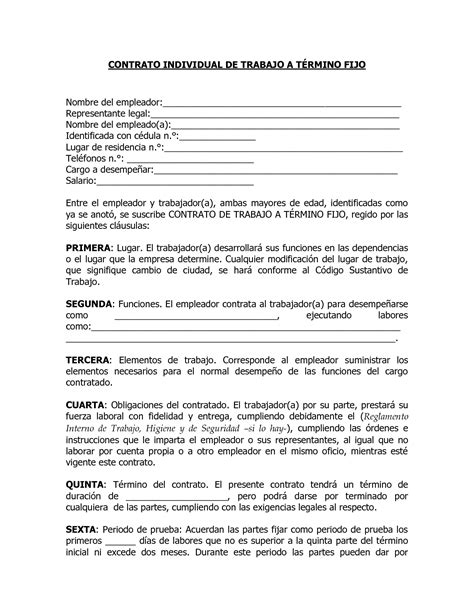 Modelo De Contrato Laboral A Termino Indefinido Colombia Financial