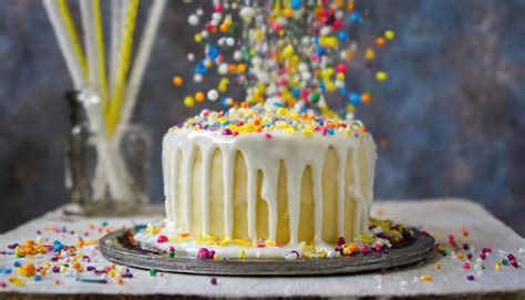 Premium Photo Birthday Cake With White Drip Icing Sprinkles