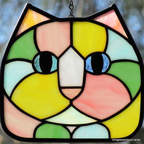 Stained Glass Pastel Calico Cat Face Suncatcher With Paws Stained