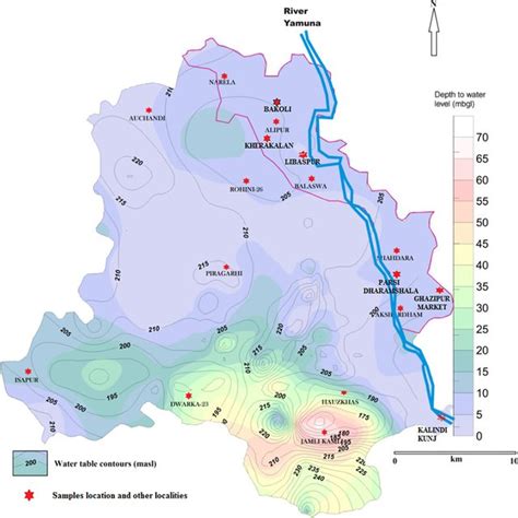 Water table and depth to water level map of Delhi for non-monsoon (May ...