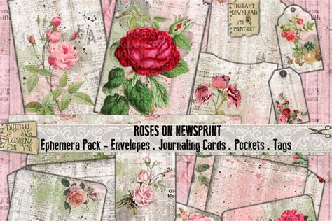 Newspaper Roses Junk Journal Kit Ephemera Roses