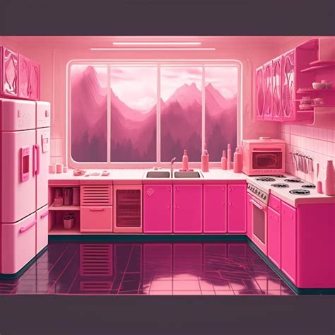 Premium AI Image | A pink kitchen with a mountain view in the background.