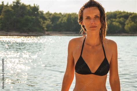 Foto De Croatian Girl In Black Bikini At The Beach Do Stock Adobe Stock