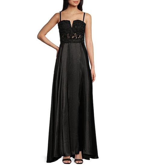 Blondie Nites Illusion Lace Mesh Bodice Lace-Up Back Long Dress | Dillard's