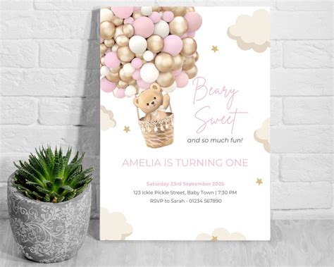 Editable Teddy Bear Hot Air Balloon Pink St Birthday Invitation