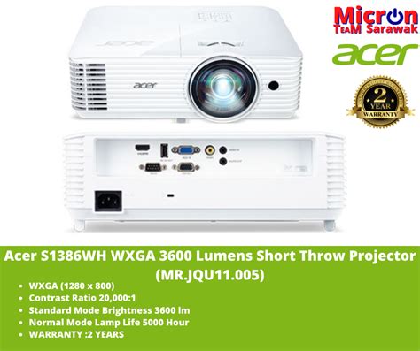 Acer S1386WH Short Throw Projector WXGA 3600 Lumens DLP Projector