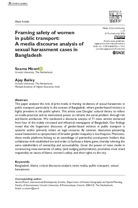 Pdf Framing Safety Of Women In Public Transport A Media Discourse Analysis Of Sexual