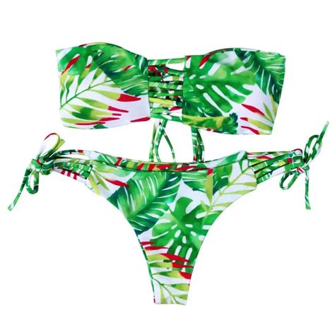 KLV Sexy Women Leaf Print Push Up Padded Bra Beach Bikini Set Swimsuit