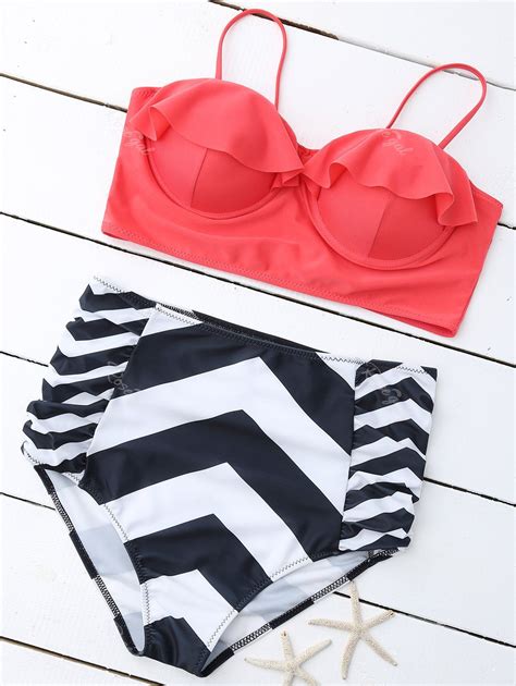 Plus Size Cute High Waist Striped Padded Bikini In Colormix Xl