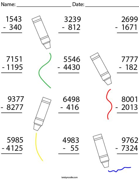 4 Digit Subtraction Math Worksheet Twisty Noodle