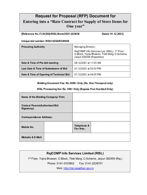 Fillable Online Risl Rajasthan Gov Request For Proposal RFP Document