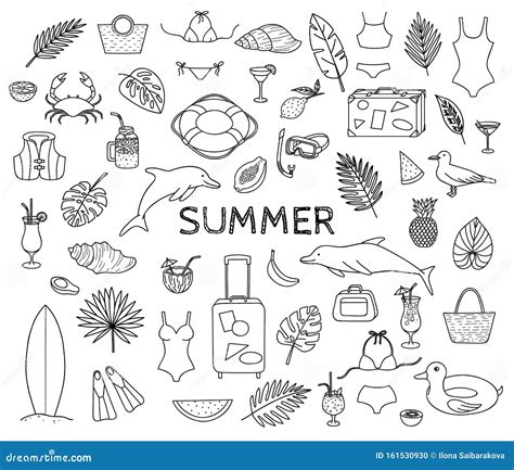 Big Collection Of Summer Theme Hand Drawn Doodles Vector Eps10 Stock