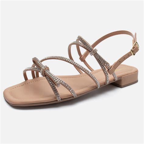 Rasteirinha Sandália Feminina Peep Toe Salto Laço Strass Nude