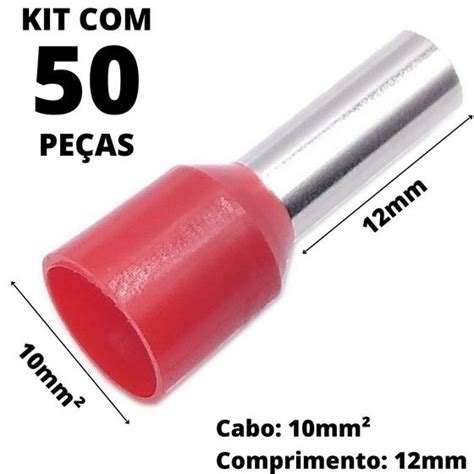 50un Terminal Tubular Ilhós Pré isolado Simples Para Cabo de 10mm²