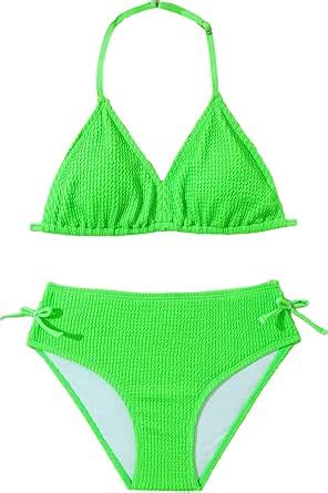 Amazon Milumia Girl S Two Piece Swimsuits Textured V Neck Halter Knot Swimwear Bikini Sets