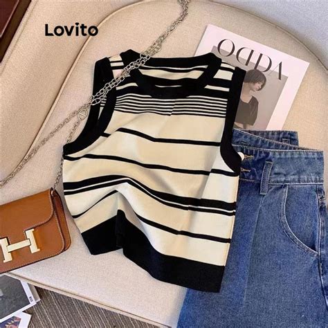 Lovito Casual Blusa Feminina Listrada De Tric Sem Mangas Gola