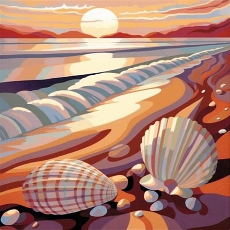 Premium Ai Image Seashells On The Beach At Sunset Paint By Numbers